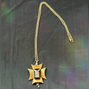 Vintage Amber Color Bezel Gold Tone Necklace Boho Brutalist Maltese Cross 70s